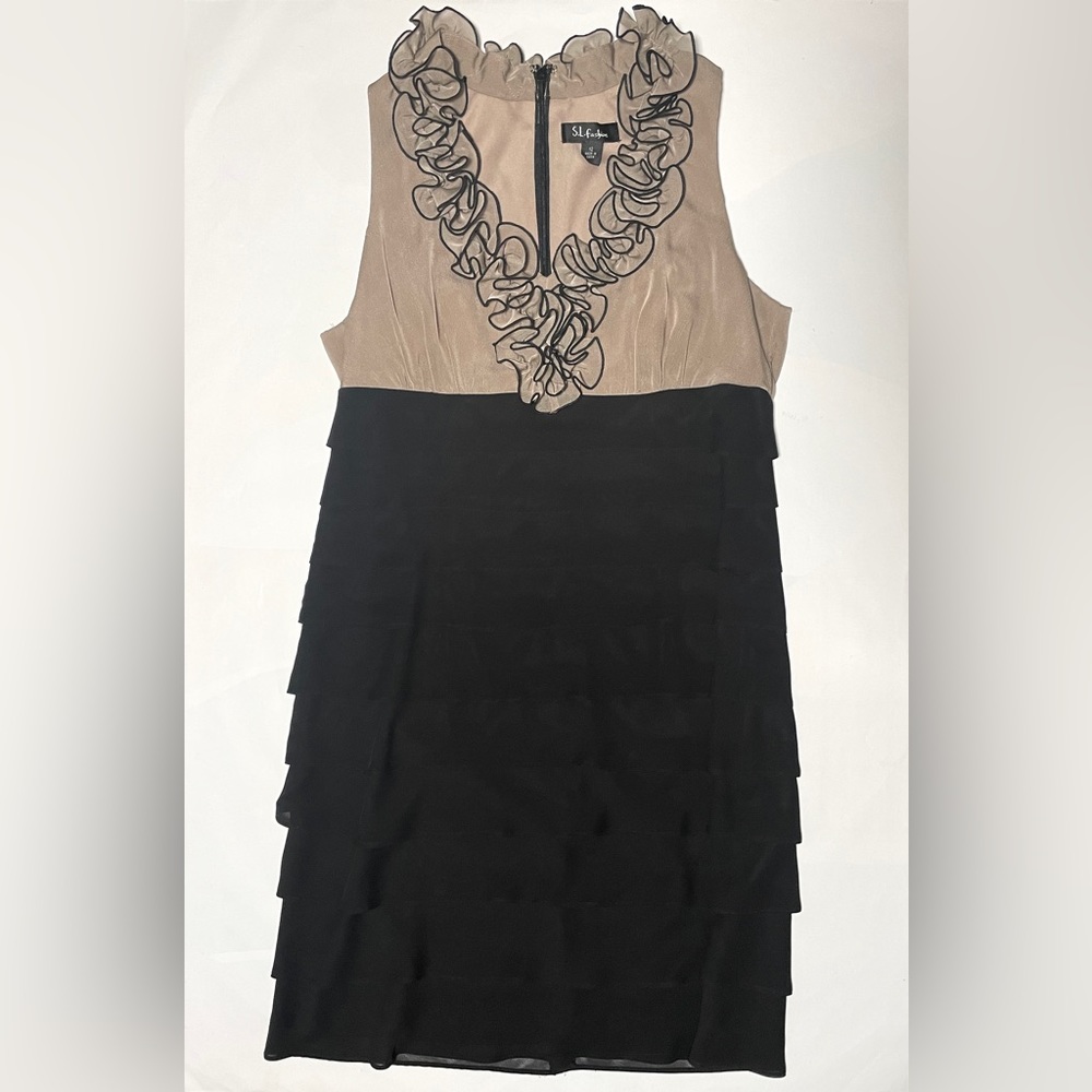 SL Fashions Chiffon Layered Ruffle Dress in Black and Taupe